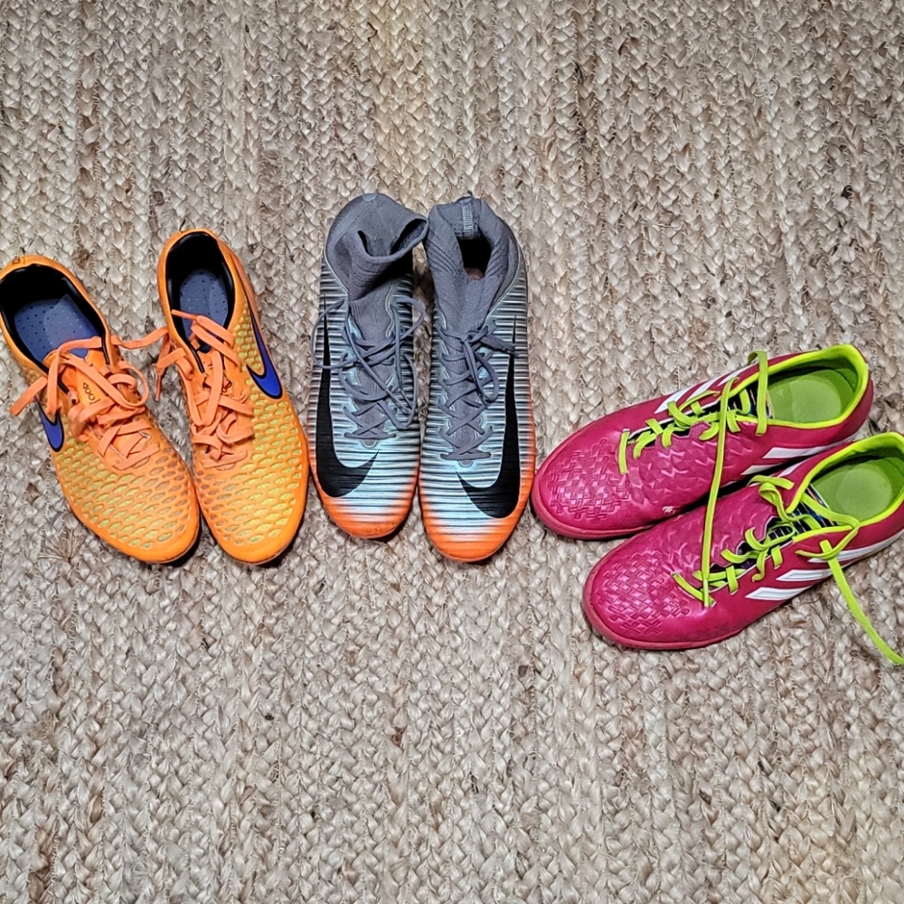 3 pairs of Nike soccer cleats (indoor Adidas)